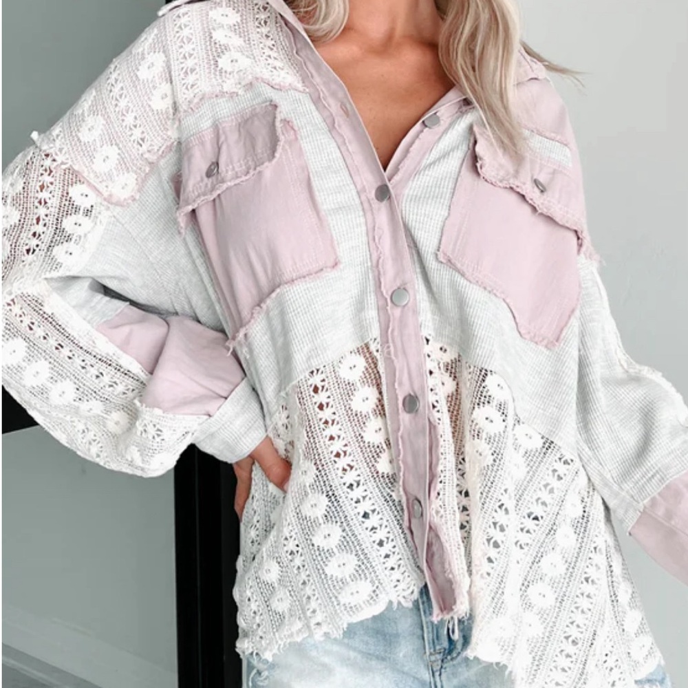 Beautiful POL Lace crochet Button down top.
Grey and Lilac. S, M, L - Picture 3 of 4
